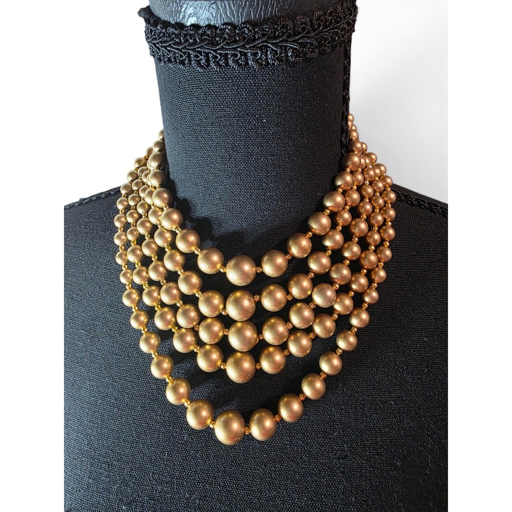 Vintage Hong Kong Multi Strand Gold Tone Graduated Bead Statement Necklace Retro